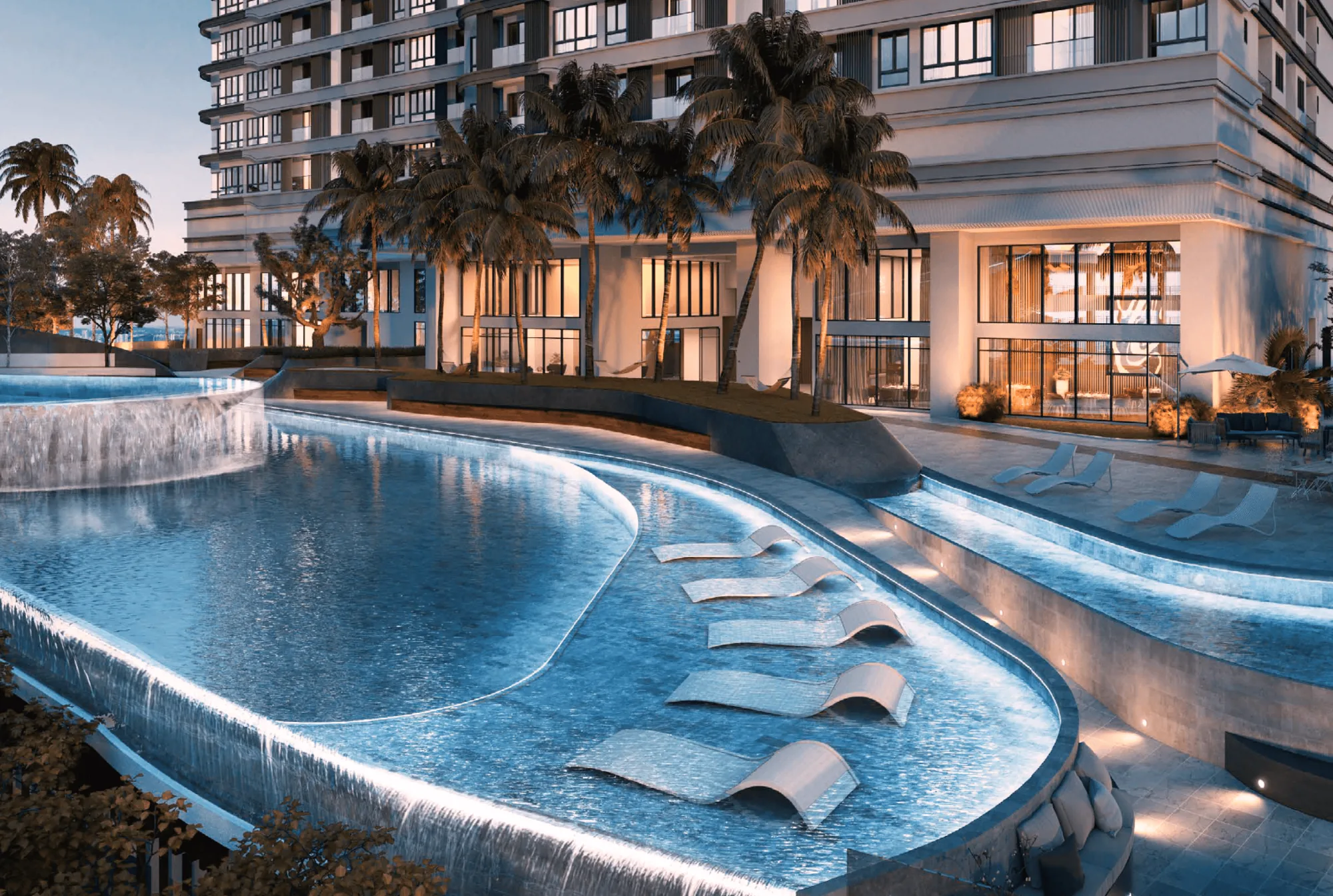 Bangsar Hill Park infinity pool and residences at dusk