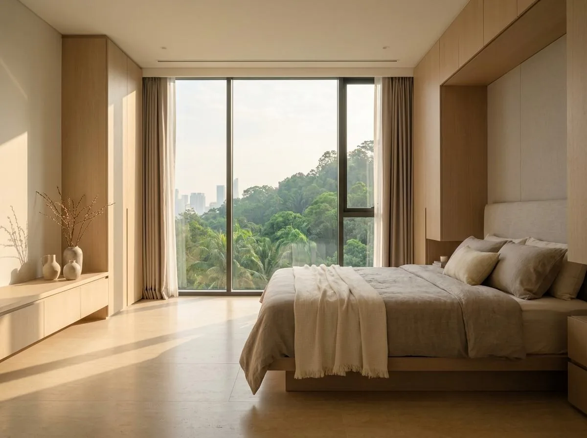 Calm furnished bedroom with a green hillside view in Bangsar Hill Park